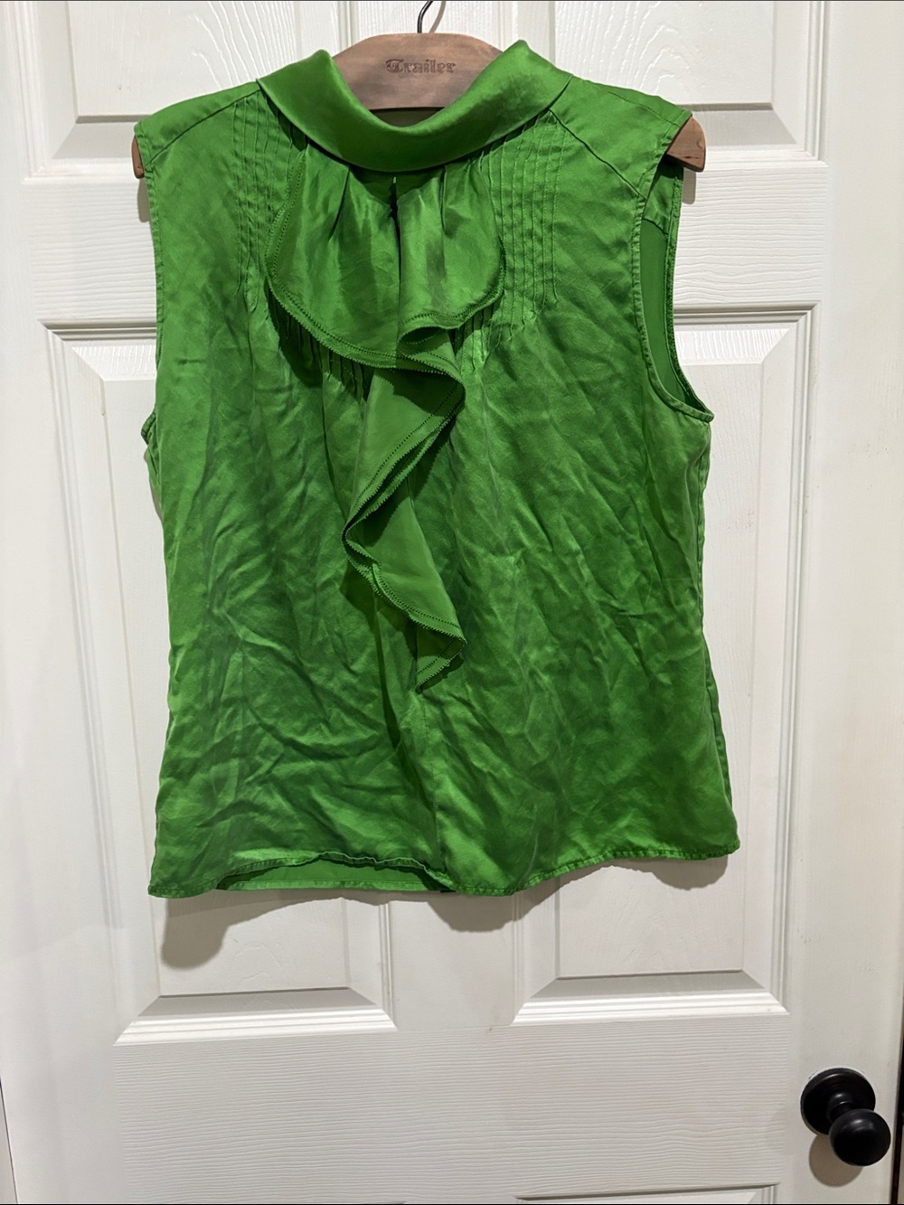 Magaschoni Bright Green Ruffle-Front 100% silk Sleeveless Top
